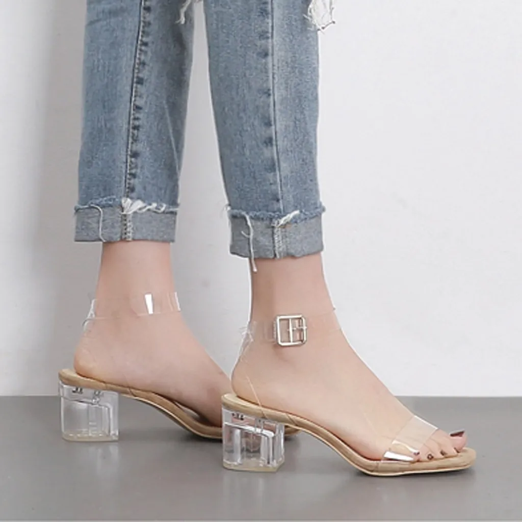 

Transparent Sandals for Woman 2020 Summer Block Heels Shoes Female Luxury Clear Heels Dress Shoes Low Heel Sandalias Striptease