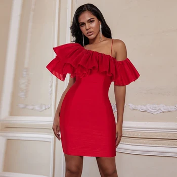 

Deer Lady Bandage Ruffle Dress 2020 V Neck New Red Mini Sexy Bandage Dress Bodycon Celebrity Club Evening Party Dress