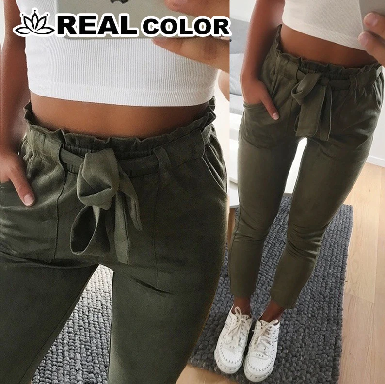 

New 2019 fashion winter women suede pants style ladies Leather bottoms female trouser Casual pencil pants high waist trousers -8