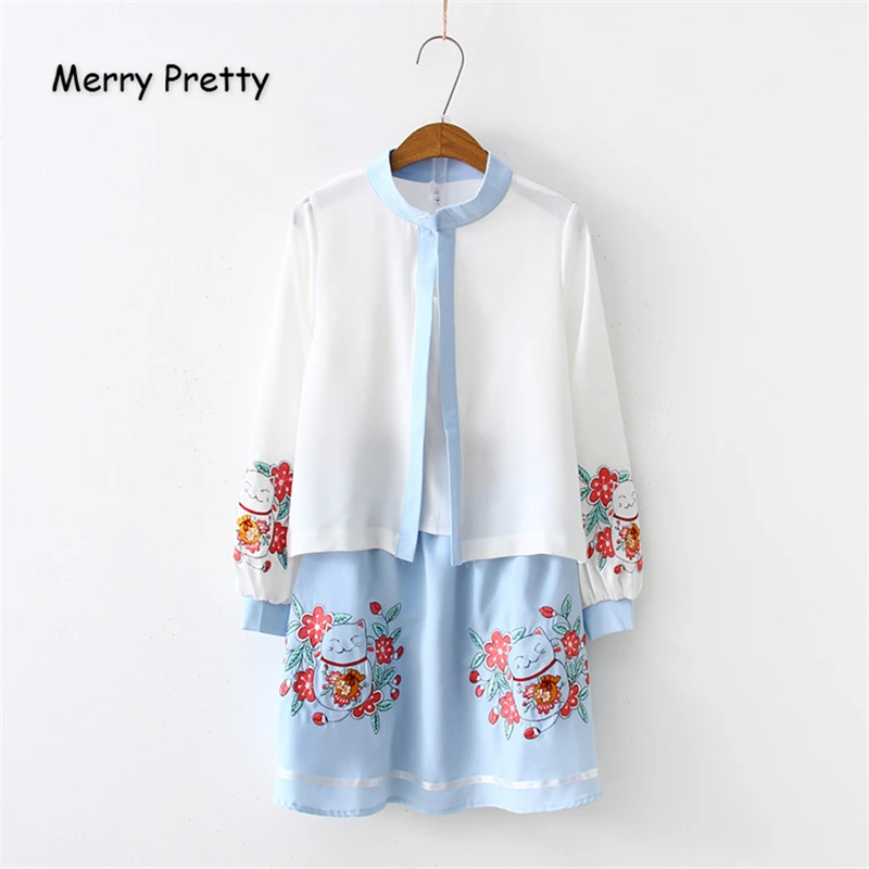 

Merry Pretty Chiffon Women's Two Piece Sets Cartoon Embroidery Blouses And MIni Skirt 2019 Long Sleeve Mandarin Collar Blouse
