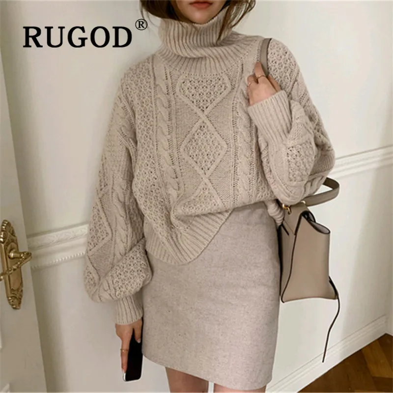 RUGOD, корейский стиль, водолазка с рукавом-фонариком, Одноцветный винтажный вязаный пуловер размера плюс, Женская мода