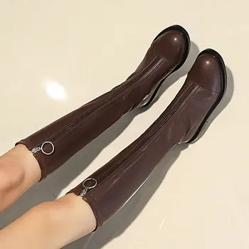 

Women Round Toe Square Heels Knee High Boots Fall Winter Fashion Zipper Casual Boots Woman Black Brown White Boots Shoes 2020