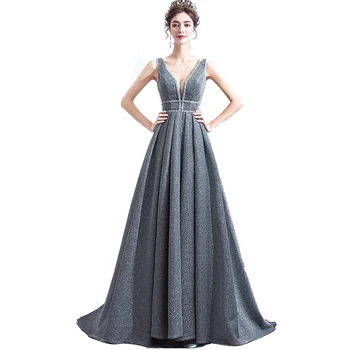 

Elegant Sparkle Long Evening Dress 2020 Sexy V-Neck Grey Robe de Soiree Lace Up Formal Party Prom Gowns