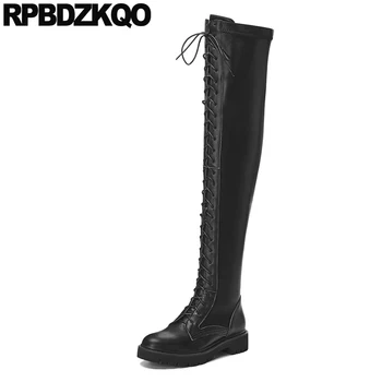 

black 2019 over the knee long lace up trend chunky block fall suede slim thigh women boots tall round toe shoes high quality