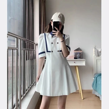 

women summer dress Navy Collar Contrast Color Puff Sleeve lady sweet dress high quality mini dresses vestidos