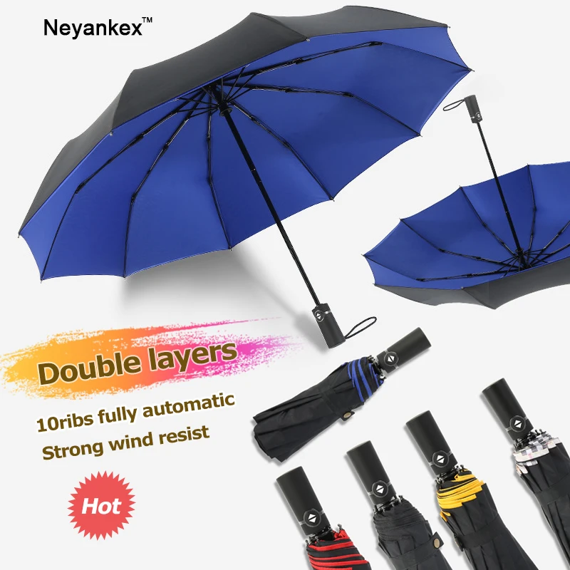 

Double layer umbrella men fully automatic windproof folding golf 10 ribs large black fashion business umbrella travel gift women