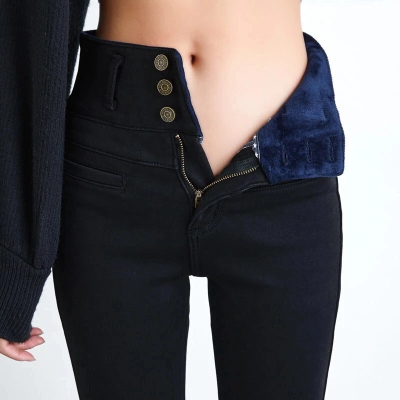 Женские джинсы на флисовой подкладке, облегающие зимние узкие брюки с высокой талией, теплые брюки, женские бархатные теплые джинсы, обтягивающие джинсовые узкие брюки