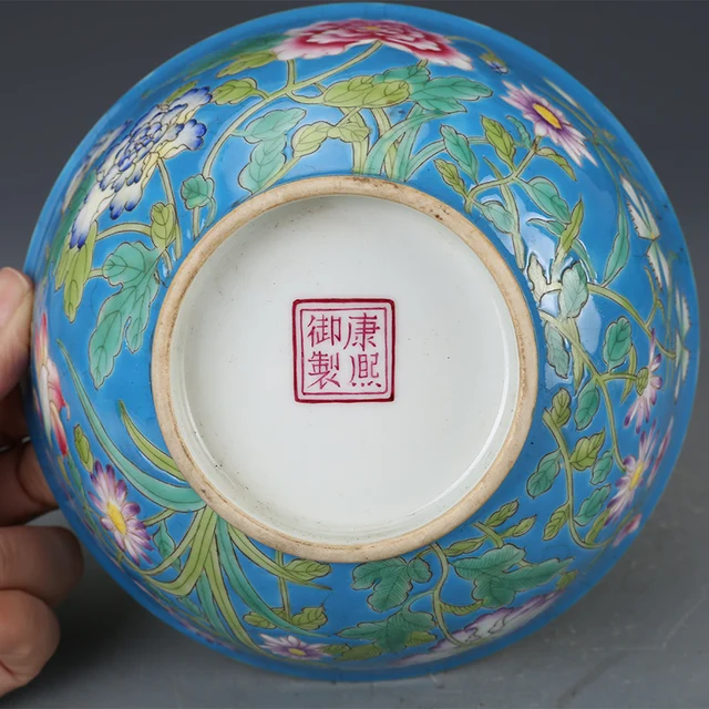 Kangxi Császári Kézzel Festett Kék Zománc Virág Tál A Qing -Dinasztia Antik Porcelán Kollekcióból - Image 5