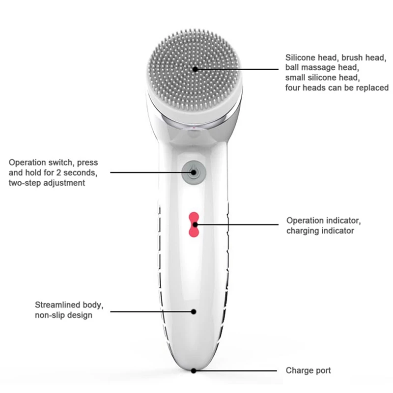 Очищающая щетка для лица, звуковая вибрация, мини очиститель для лица, ABS, Глубокая очистка пор, Электрический водонепроницаемый массаж с 4 головками