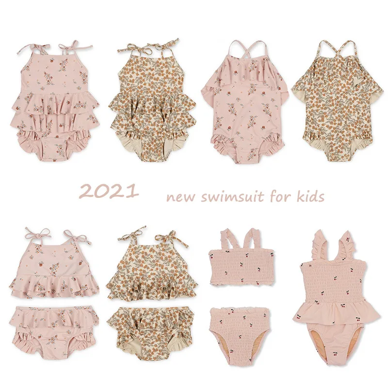 Bañador con estampado Floral para niñas pequeñas, traje de baño con hombros descubiertos, ropa de vacaciones, Bikini de playa, novedad de verano de 2021