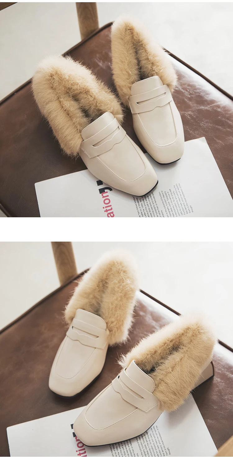 square toe small leather shoes white soft leather fur shoes woman slip on moccasins brand chunky women espadrilles warm loafers