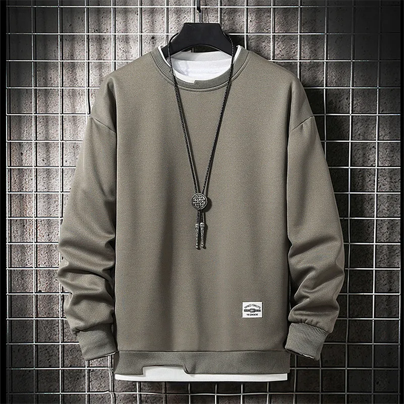 

2020 Autumn Men's Pull-on Sweatshirt Street Trend Men's Stitching Fake Two-piece Casual Tops Round Neck Loose Hip-hop Sportswear