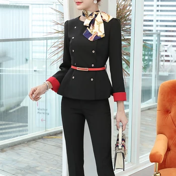 

Women Spring Formal wear Suit Short style Ruffle Long sleeves Solid color Slim Business OL Formal Pant Suits Plus Size 4XL