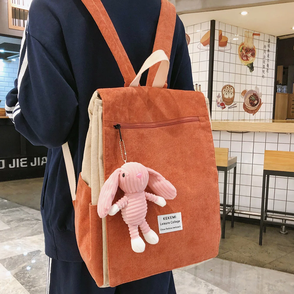 

Rabbit Cute Stripe Backpack Corduroy Women School Bag Teenage Girl Harajuku Backpack kawaii Female Fashion Bag Ladies Luxury New