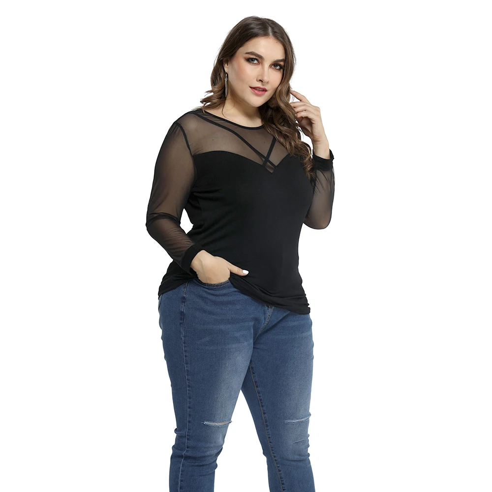 L-6XL, женская черная футболка, плюс размер, рубашки для женщин, сексуальные топы с длинным рукавом, Сетчатая футболка, элегантная женская уличная одежда D30