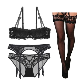 Sexy lace thin cotton cup breast bra set bra panty garter belt stocking 4pieces lots