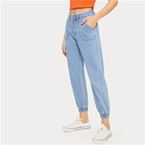 SweatyRocks однотонные джинсы с пуговицами и карманами, одежда для активного отдыха, женские повседневные зауженные джинсы, Осенние Синие повседневные джинсы - Цвет: Синий
