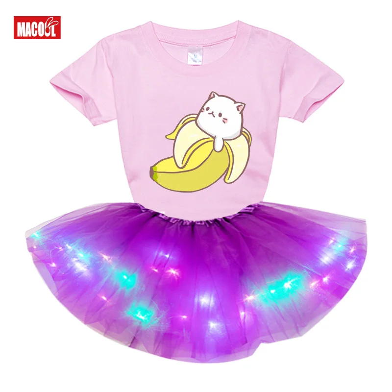 

3-12 Years Girls tutu Dress Summer Kids Baby Princess Dresses Children Clothes LED Luminous skirt Dress+Short sleeve t Shirt