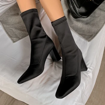 

Karinluna High Quality slik woman shoes Square Toe Strange Style Heels Slip-On Autumn Ankle Boots