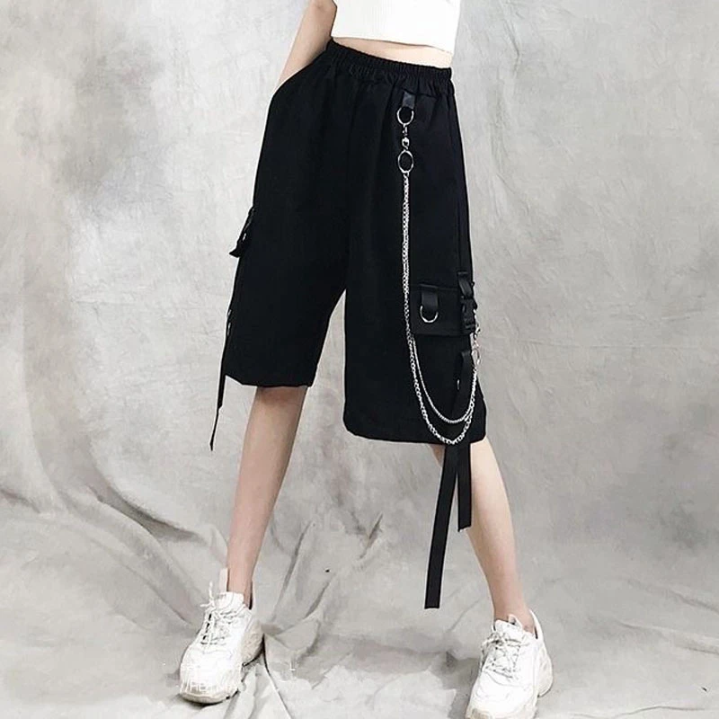 2022 Summer Women Cargo Shorts Female Loose Straight Casual Short Pants Fashion Elastic Waist Handsome Chain Knee Length Shorts champion shorts