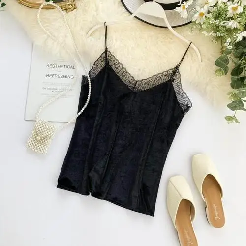 black Новые женские кружевные лоскутные велюровые топики регулируемые топики высокого качества женские сексуальные топы на бретельках Домашняя одежда жилет одежда для сна - Цвет: black