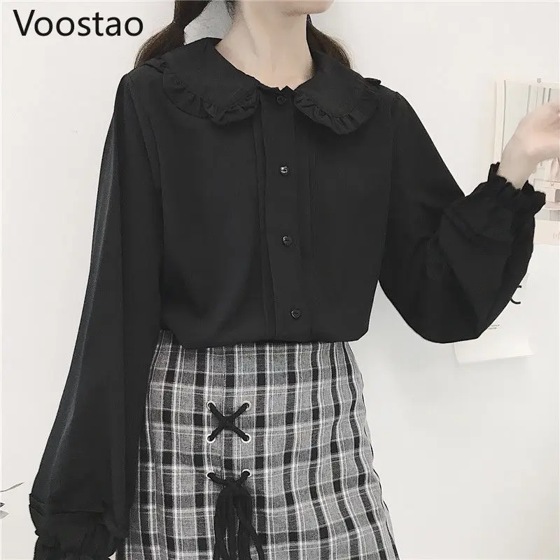 Lolita Blouses Autumn Winter Japanese Style Girly Peter Pan Collar Lantern Long Sleeve Tops Women Sweet
