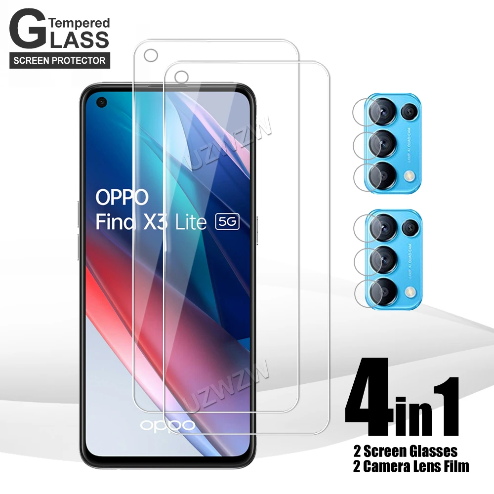 4 in 1 For Oppo Find X3 Lite A15 A5 2020 A52 A53 A53s A72 5G A91 A9 A92 Reno5 4Z 4 Lite 2 2Z Tempered Glass Screen Protector