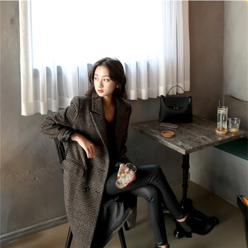 Photo Shoot Winter Korean-style Retro Thousands of Birds Suit Collar Overcoat Women's over-the-Knee Mid-length Slit-Back Woolen