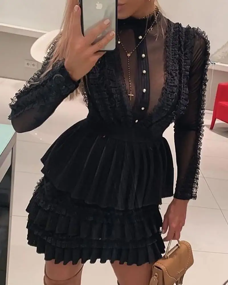 

Women Mock Neck Sheer Mesh Insert Ruffles Buttoned Dress