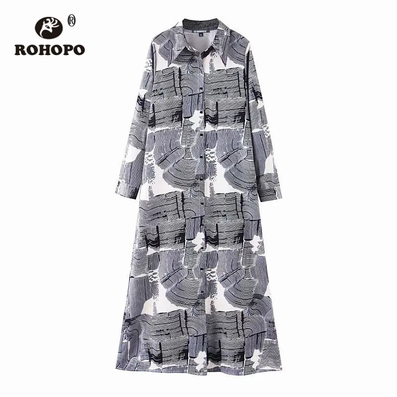 

ROHOPO Long Sleeve Turn Down Collar Tie Dye Vintage Midi Blouse Dress Flared Hem Ladies Autumn Retro Holidays Vestido #2317