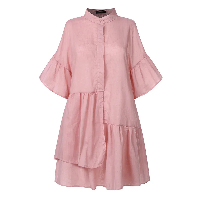 Женское Короткое мини-платье размера плюс, Короткие повседневные платья-рубашки с рюшами на пуговицах, женские плиссированные вечерние пляжные платья - Цвет: Розовый