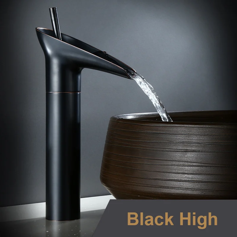 Black High Водопад антикварные краны ванная раковина кран черный латунный Смеситель для раковины краны горячей и холодной воды винный стеклянный стиль ретро Каскадный кран - Цвет: Black High