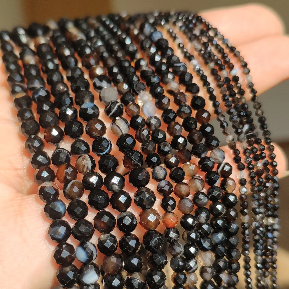 

Natural Black Stripes Agates 2/3/4mm Faceted Loose Round Mineral Beads for Jewelry Making DIY Christmas Gift Bracelets 15inch