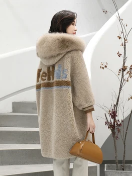 

Real Fur Coat Women 100% Wool Jacket Women Clothes 2020 Fox Fur Collar Hooded Sheep Shearing Winter Coat Women 18183 YY2202