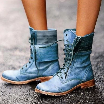 2019 New Lace-up Winter Motorcycle Boots Women British Style Fashion Boots Gothic Punk Low Heel Bule Boot Women Shoe Plus Size