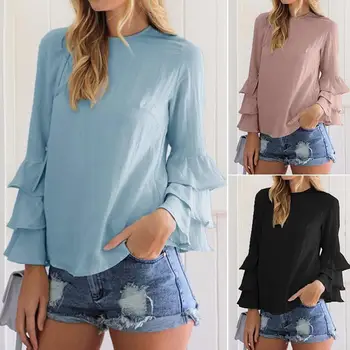 

Women's Multi-Layered Pleated Ruffled Long Trumpet Sleeve Blouse Chiffon Top hot