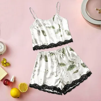 

pajamas for women pijama mujer Plus Size Print Camisole Shorts Set Pajamas Bow Lace Lingerie Sleepwear pyjama femme пижама#s