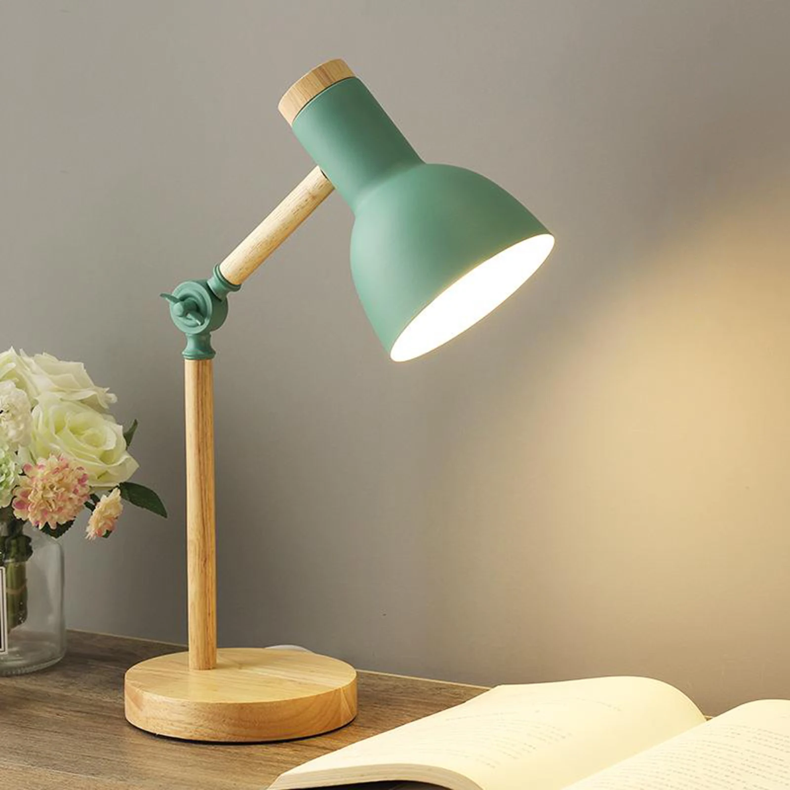 Stylish Wooden Iron LED Multi-Joint Reading Table Lamp Task Light Flexible Green 3W