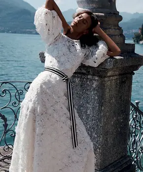 

2020 Spring Runway Sets Ladies Floral Embroidery Hollow Out Long Sleeve Top Shirt Blouse + Long Black Belt Skirt White Suits