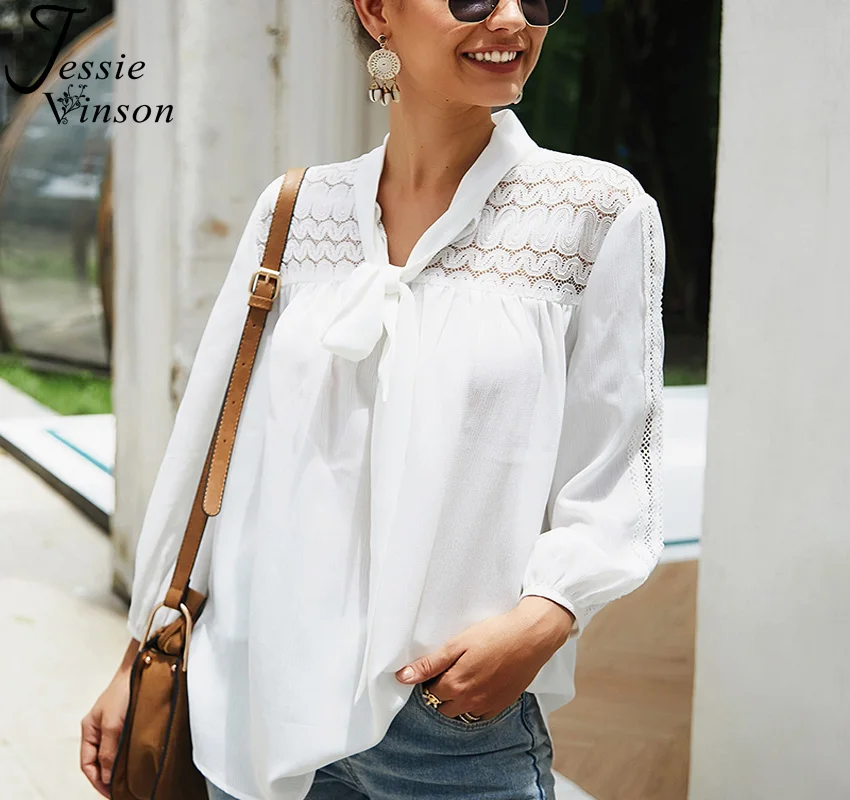 

Jessie Vinson Long Sleeve Lace Chiffon White Blouse Women Tie Knot Neck Lantern Sleeve Tops and Blouses Elegant Blouse Shirt