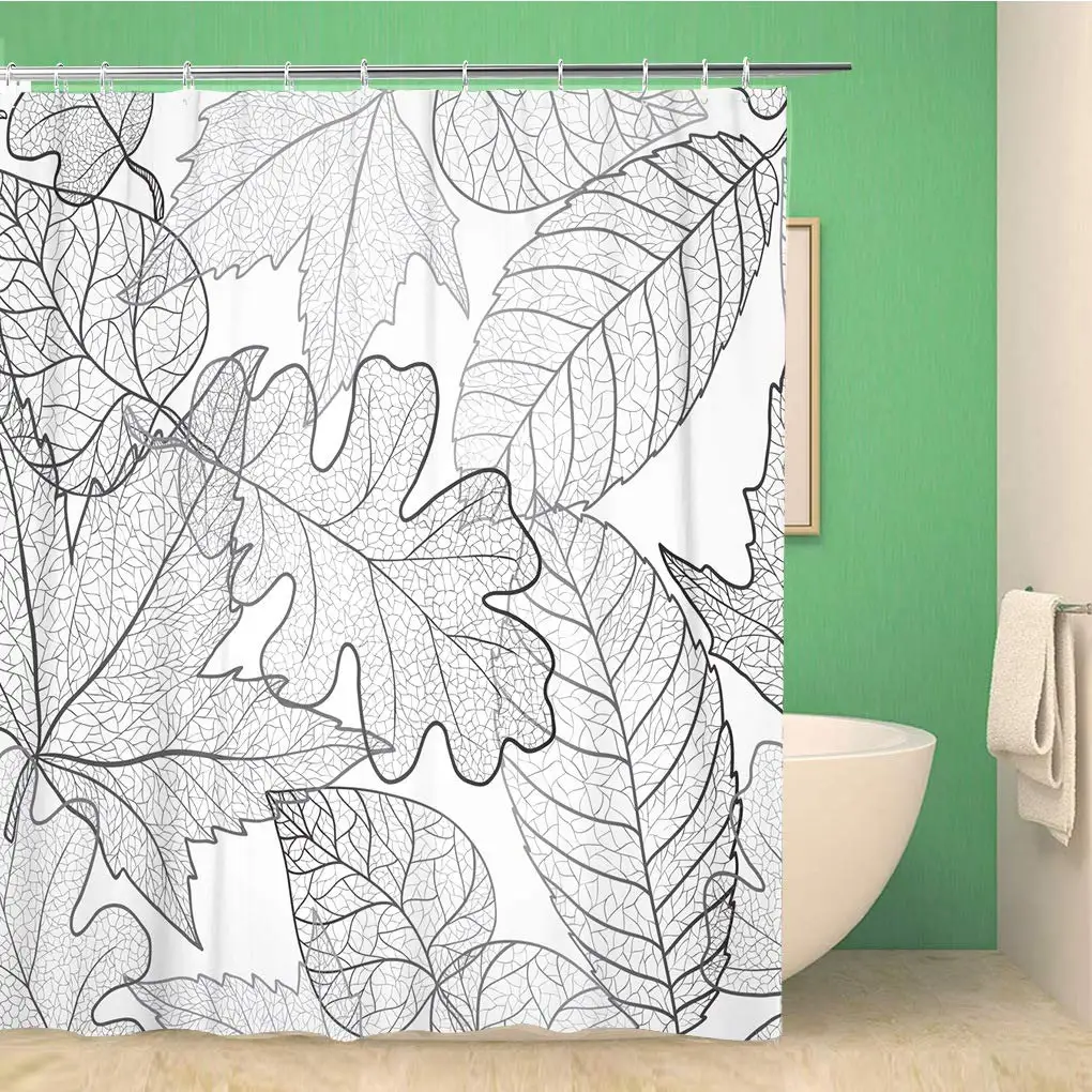 

66x72 Inches Shower Curtain Autumn Transparent Maple Leaves Pattern Black and White Art Fabric Leaf Print Color Waterproof