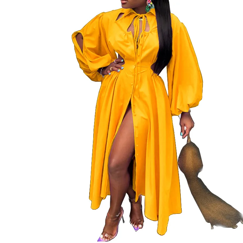 African Dresses For Women New Autumn Solid Shirt Dress Slim Sexy Lantern Sleeve Long Maxi Dress Robe Elegant Party Dress 2021