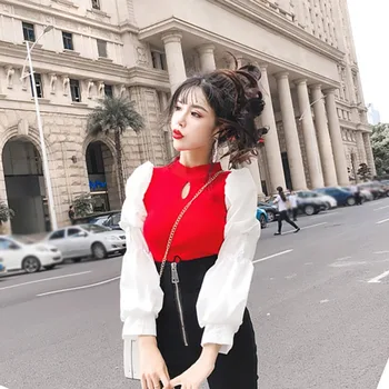 

Autumn Fashion Sweater Loose V Neck Women Lantern Sleeve Pullover Stitching Femme Knitted Top