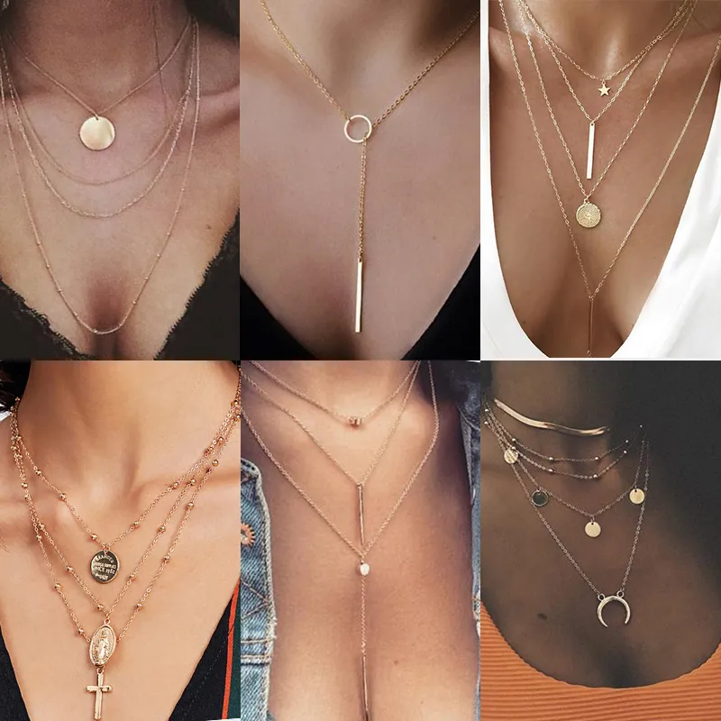 Vintage Multilayer Crystal Pendant Necklace Women Gold Color Beads Moon Star Horn Crescent Choker Necklaces Jewelry New