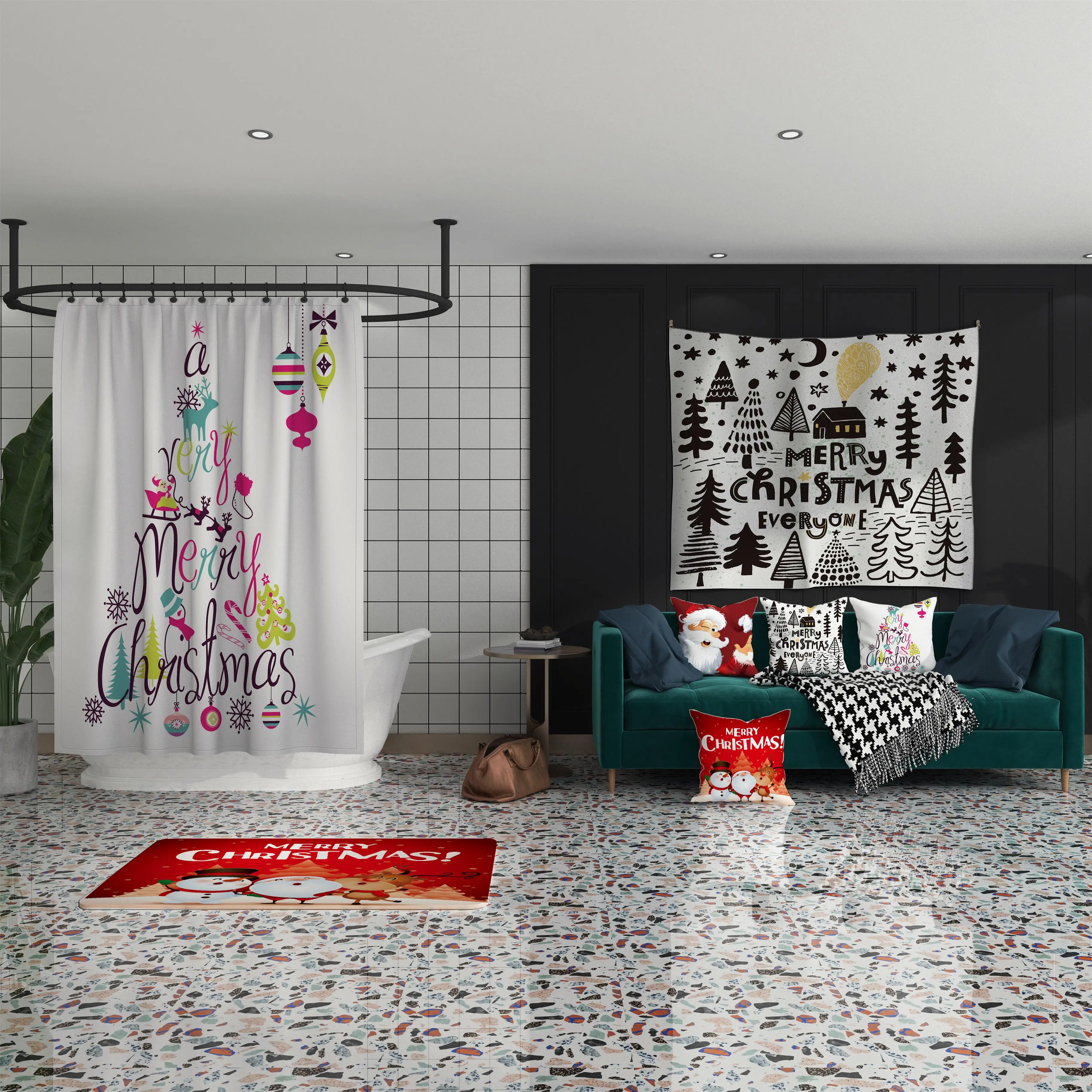 IBANO, Рождественская занавеска для душа, водонепроницаемый полиэстер, ткань для ванной, занавеска для ванной комнаты, 12 шт., пластиковые крючки, напольный коврик