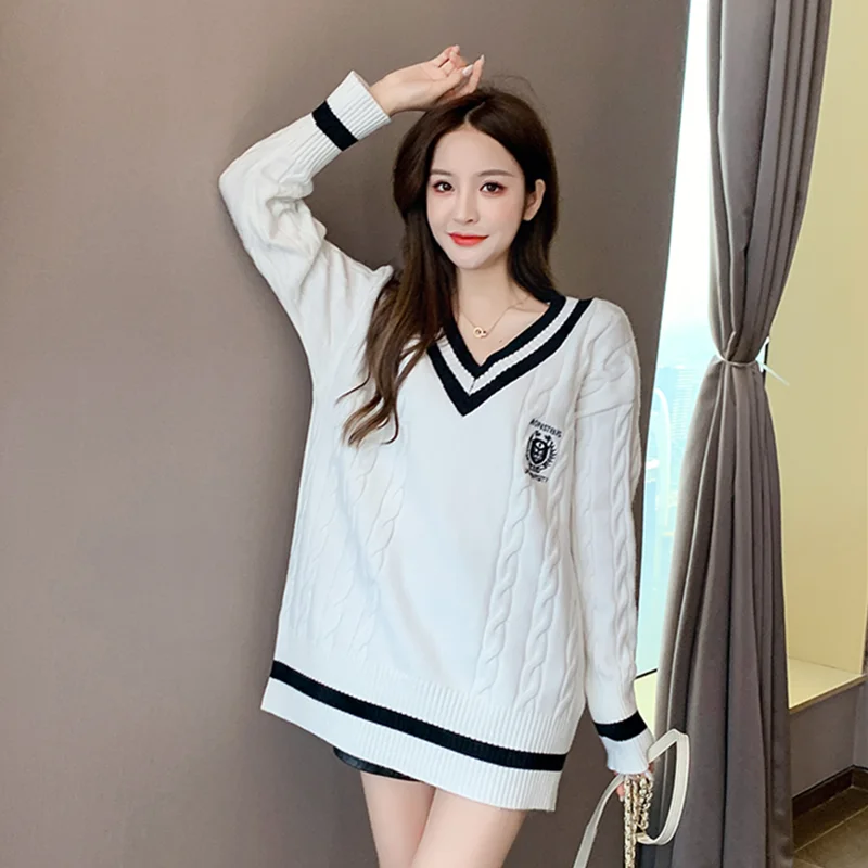 2020 autumn new fashion college style V-neck pullover sweater women loose long sleeve sweater