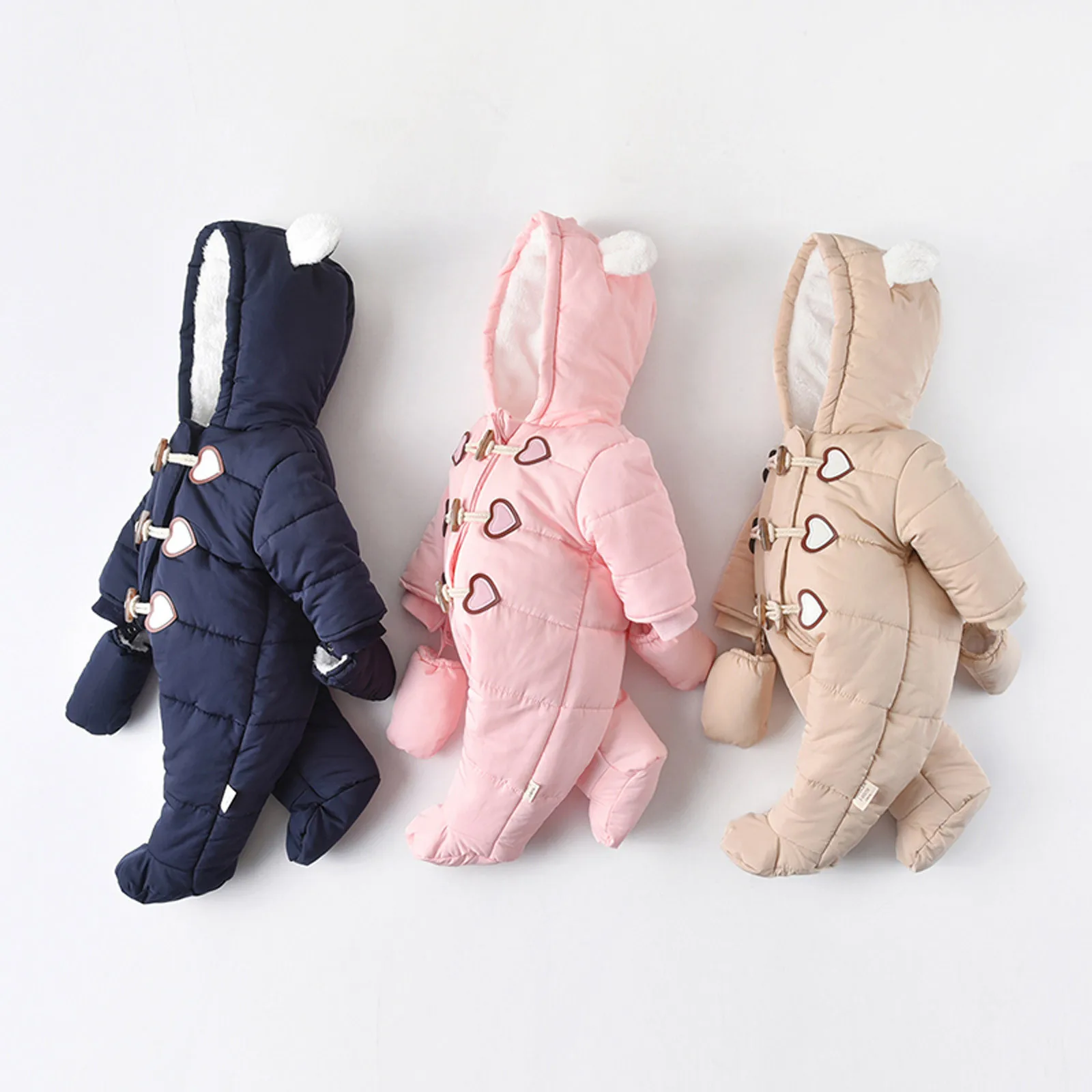 

0-18Months Newborn Infant Baby Boys Girls Heart Thick Fleece Hooded Romper Jumpsuit+Gloves Thick cotton clothing suit fashion M5