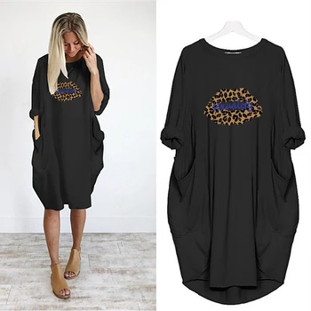 

2020 Women Leopard Print Lips Dress Long Sleeve Pocket Loose Spring Summer Thin Party Casual Woman Plus Size 5XL Dresses