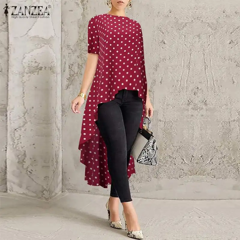

ZANZEA Women Short Sleeve Asymmetrical Blouse Summer Polka Dot High Low Tops Casual Bohemian Printed Long Shirt Blusas Chemise