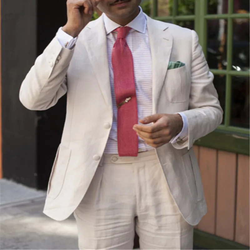 

White Linen Men Suit For Wedding 2 Pieces (Jacket + Pants + Tie) Slim Fit Latest Coat Pants Designs Blazer Custom Made Men 425